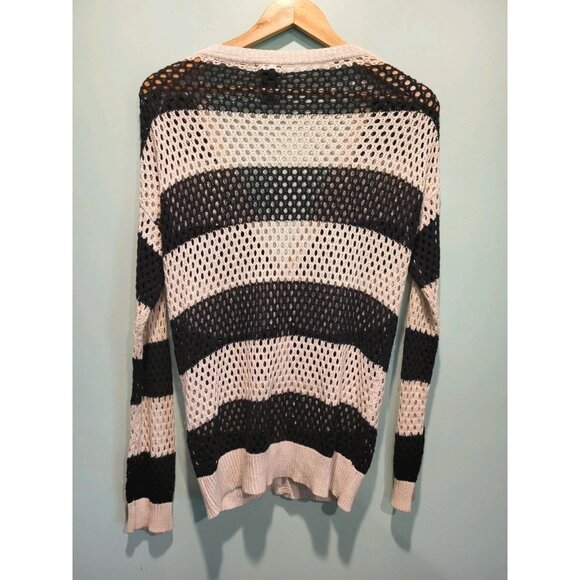 Black Tan Wide Stripe Open Knit Slouchy Cardigan Sweater Pockets Sz M Wet Seal - Picture 4 of 6